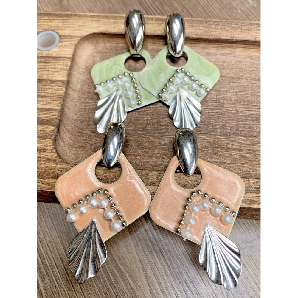 Vintage Art Deco Style Clip On Earring Lot Pastel Enamel Shell Dangle Statement